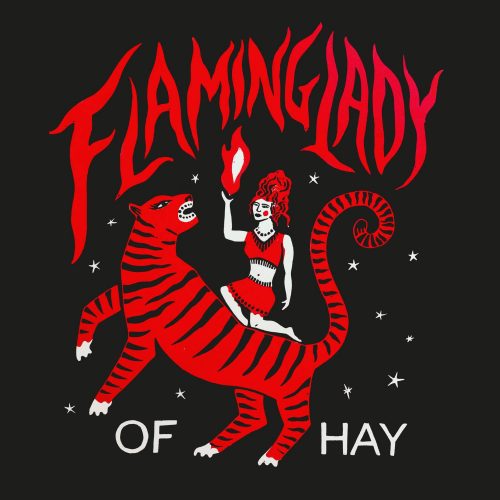 The image shows the Flaming Lady of Hay logo, a woman riding on a tiger in red, black and white