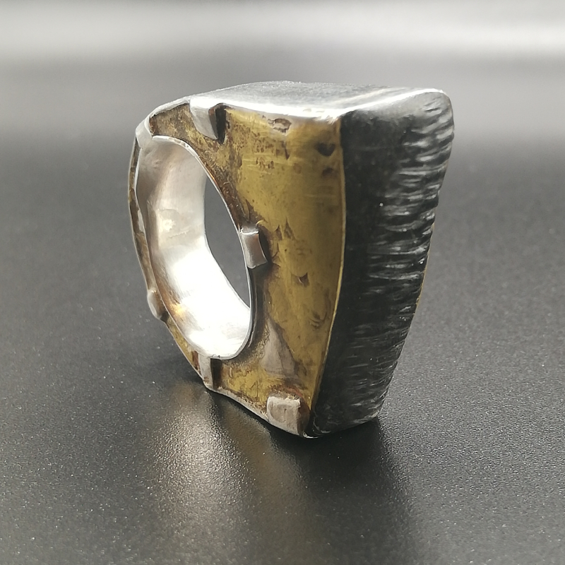 Chunky brass and silver ring with heavy texturing - resin and concrete textured inclusion